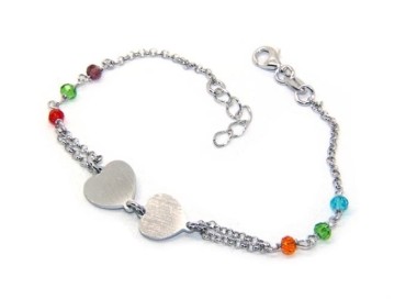 NSA|Bracciale uomo donna Argento 925  lavorazione a rosario cristallo con doppio cuore satinato  17