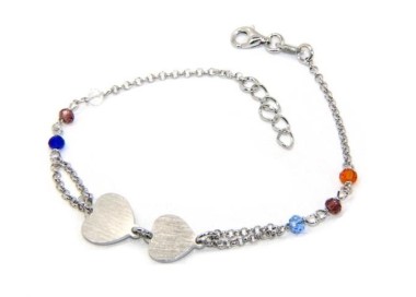 NSA|Bracciale uomo donna Argento 925  lavorazione a rosario cristallo con doppio cuore satinato  17