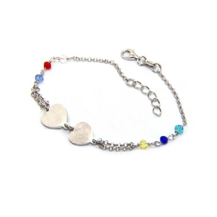 NSA|Bracciale uomo donna Argento 925  lavorazione a rosario cristallo con doppio cuore satinato  17