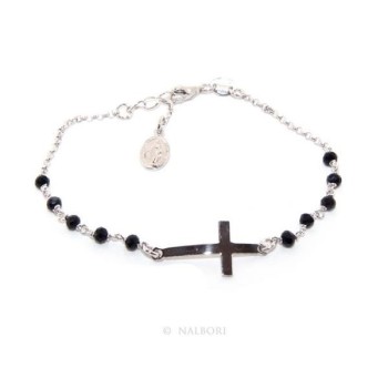 NSA|Bracciale rosario uomo donna in  Argento 925  croce convessa e cristallo nero. Mis 16