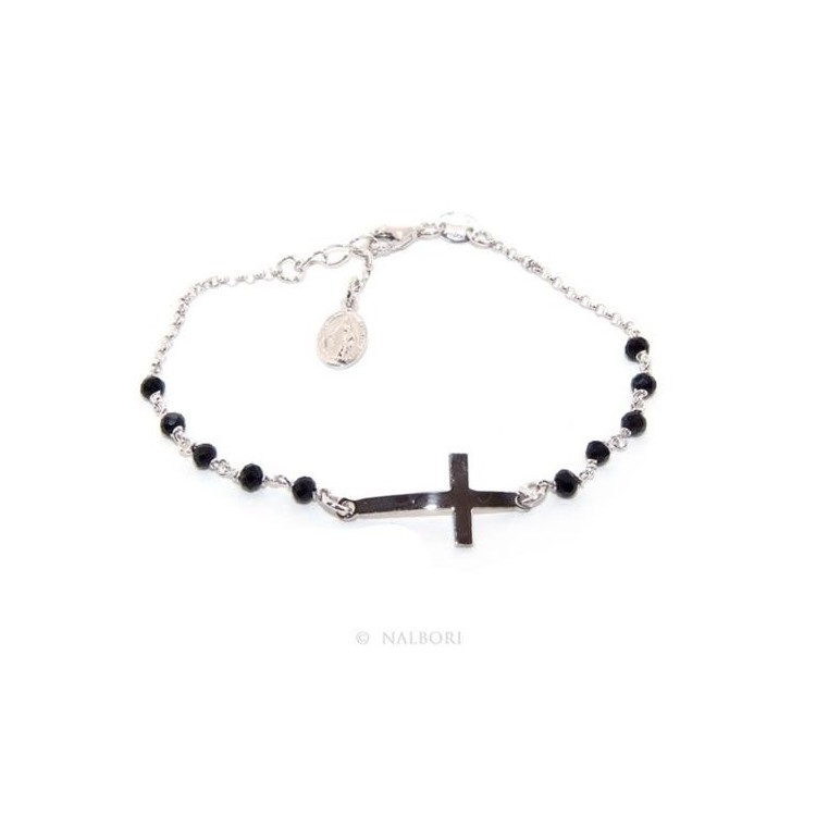 NSA|Bracciale rosario uomo donna in  Argento 925  croce convessa e cristallo nero. Mis 16