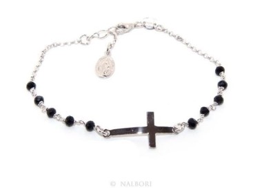 NSA|Bracciale rosario uomo donna in  Argento 925  croce convessa e cristallo nero. Mis 16