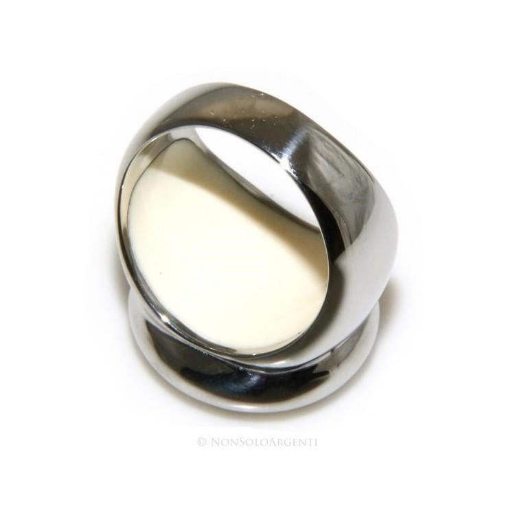 NSA|Acciaio Anallergico inossidabile : anello grande macchie lucite bianco crema tondo