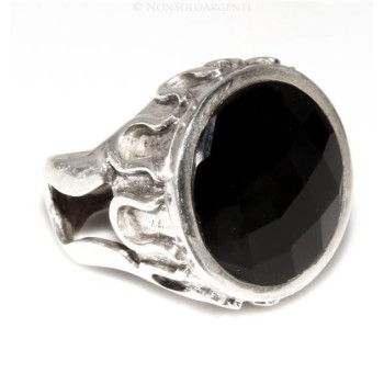 NSA|Grande Anello Argento 925 da uomo : Fascia massiccia lavorata anticata con onice tonda  misura 17