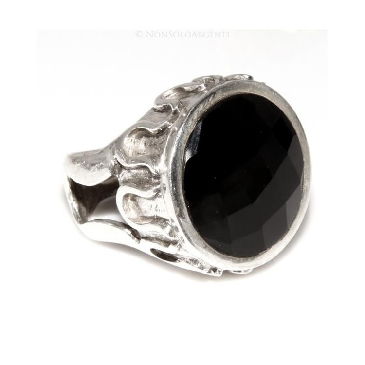 NSA|Grande Anello Argento 925 da uomo : Fascia massiccia lavorata anticata con onice tonda  misura 17