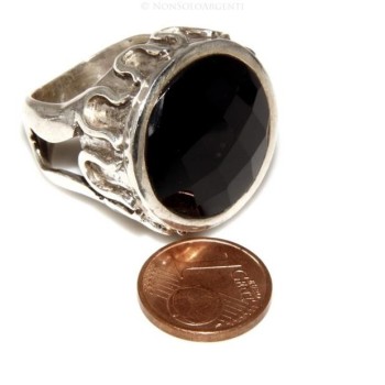 NSA|Grande Anello Argento 925 da uomo : Fascia massiccia lavorata anticata con onice tonda  misura 17