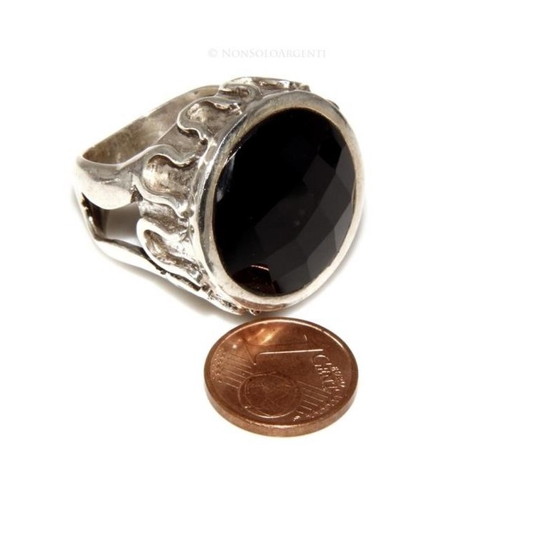 NSA|Grande Anello Argento 925 da uomo : Fascia massiccia lavorata anticata con onice tonda  misura 17