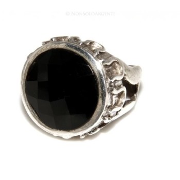 NSA|Grande Anello Argento 925 da uomo : Fascia massiccia lavorata anticata con onice tonda  misura 17