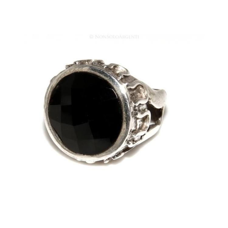 NSA|Grande Anello Argento 925 da uomo : Fascia massiccia lavorata anticata con onice tonda  misura 17