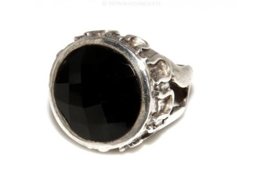 NSA|Grande Anello Argento 925 da uomo : Fascia massiccia lavorata anticata con onice tonda  misura 17