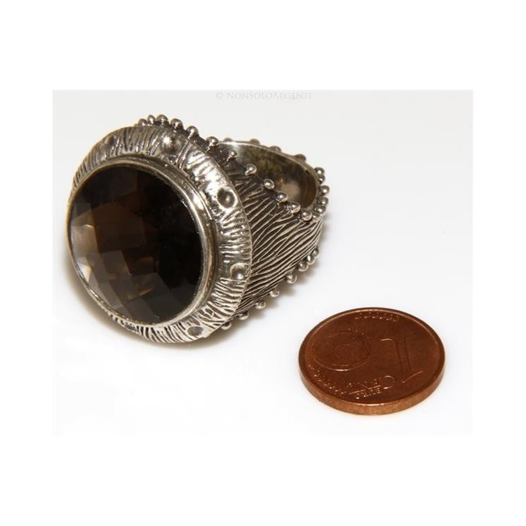 NSA|Grande Anello Argento 925 da uomo : Fascia massiccia lavorata anticata con quarzo fumè 21