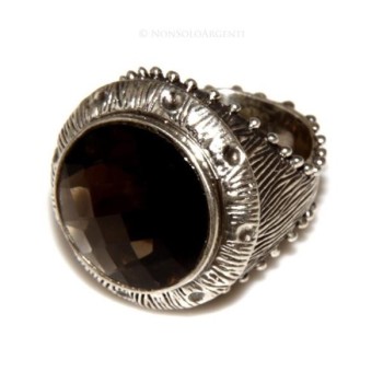 NSA|Grande Anello Argento 925 da uomo : Fascia massiccia lavorata anticata con quarzo fumè 21
