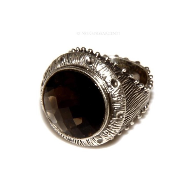 NSA|Grande Anello Argento 925 da uomo : Fascia massiccia lavorata anticata con quarzo fumè 21