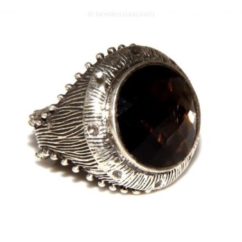 NSA|Grande Anello Argento 925 da uomo : Fascia massiccia lavorata anticata con quarzo fumè 21