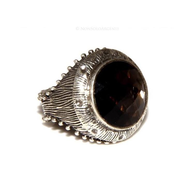 NSA|Grande Anello Argento 925 da uomo : Fascia massiccia lavorata anticata con quarzo fumè 21