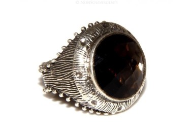 NSA|Grande Anello Argento 925 da uomo : Fascia massiccia lavorata anticata con quarzo fumè 21