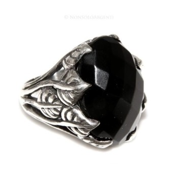 NSA|Massiccio Anello Argento 925 Uomo (mignolo) o  Donna : fascia lavorata a foglie con ONICE nera mis 17