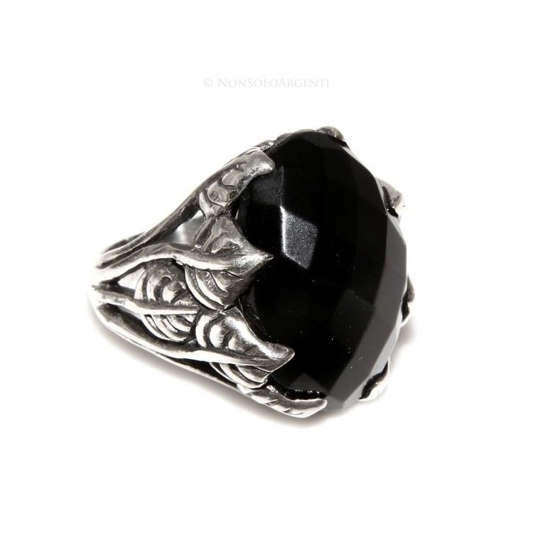 NSA|Massiccio Anello Argento 925 Uomo (mignolo) o  Donna : fascia lavorata a foglie con ONICE nera mis 17