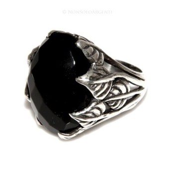 NSA|Massiccio Anello Argento 925 Uomo (mignolo) o  Donna : fascia lavorata a foglie con ONICE nera mis 17