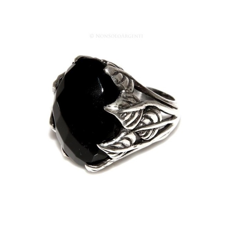 NSA|Massiccio Anello Argento 925 Uomo (mignolo) o  Donna : fascia lavorata a foglie con ONICE nera mis 17