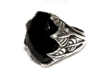 NSA|Massiccio Anello Argento 925 Uomo (mignolo) o  Donna : fascia lavorata a foglie con ONICE nera mis 17