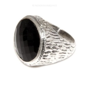NSA|Grande Anello Argento 925 da uomo : Fascia massiccia lavorata anticata con onice tonda  misura 22