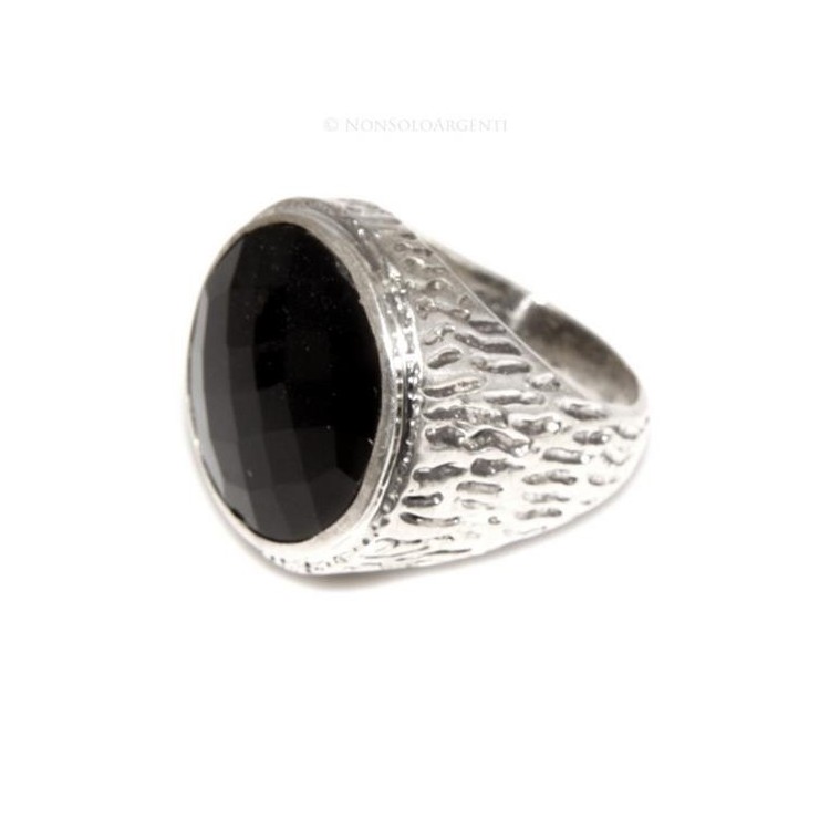 NSA|Grande Anello Argento 925 da uomo : Fascia massiccia lavorata anticata con onice tonda  misura 22