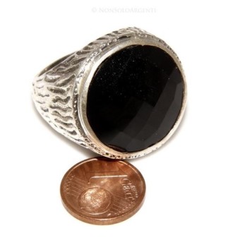 NSA|Grande Anello Argento 925 da uomo : Fascia massiccia lavorata anticata con onice tonda  misura 22