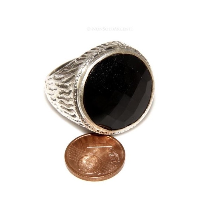 NSA|Grande Anello Argento 925 da uomo : Fascia massiccia lavorata anticata con onice tonda  misura 22