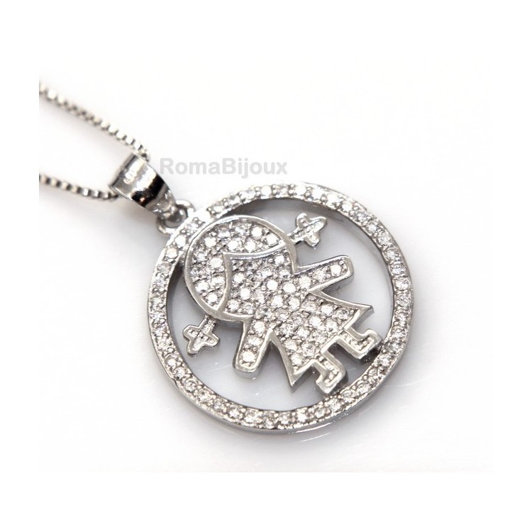 NSA|silver 925: 44 cm Necklace Collier Venetian woman and child pendant hoop microsetting white zirconia