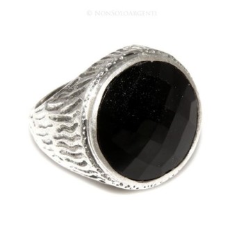 NSA|Grande Anello Argento 925 da uomo : Fascia massiccia lavorata anticata con onice tonda  misura 22