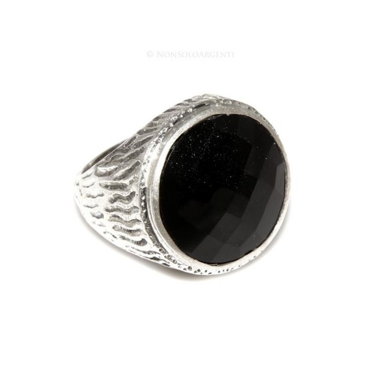 NSA|Grande Anello Argento 925 da uomo : Fascia massiccia lavorata anticata con onice tonda  misura 22