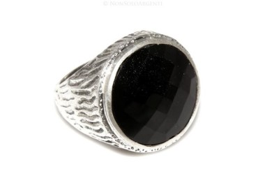 NSA|Grande Anello Argento 925 da uomo : Fascia massiccia lavorata anticata con onice tonda  misura 22