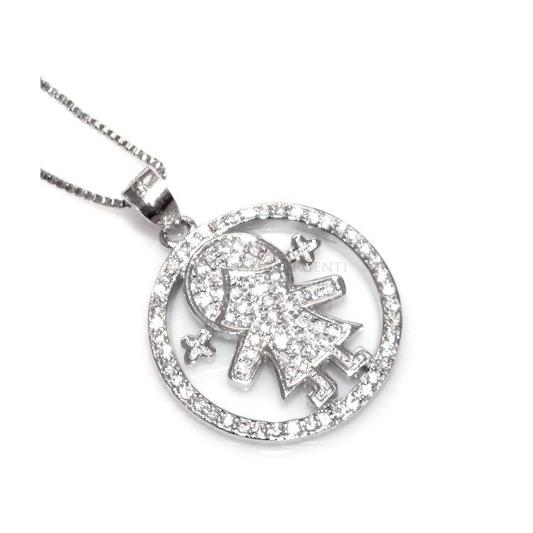 NSA|Argento 925 : Collana Collier donna veneziana 44 cm e pendente bimba a cerchio microsetting zirconi bianchi