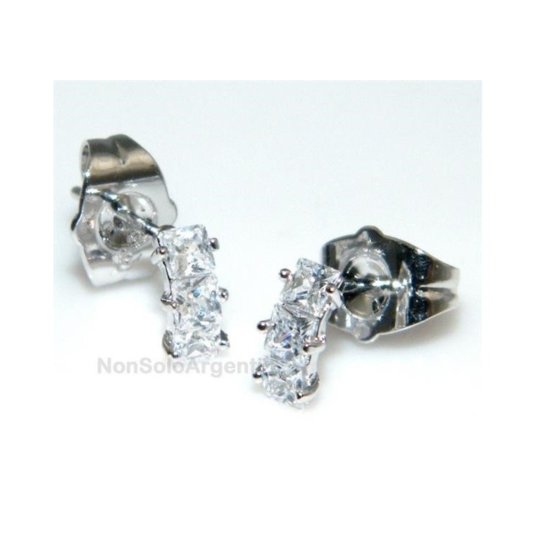 NSA|Orecchini donna tennis con 3 zirconi carre a griffe  Lamin ORO BIANCO 18k Gold filled