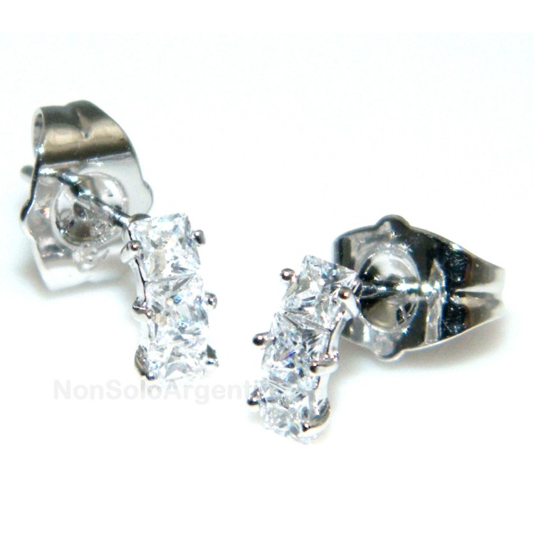 NSA|Orecchini donna tennis con 3 zirconi carre a griffe  Lamin ORO BIANCO 18k Gold filled