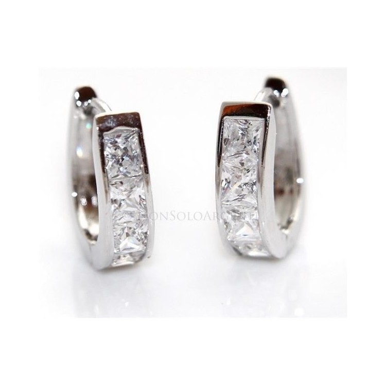 NSA|Orecchini donna a cerchio ovale 4 zirconi carre'  Lamin ORO BIANCO 18k Gold PLATED