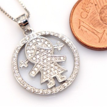 NSA|Argento 925 : Collana Collier donna veneziana 44 cm e pendente bimba a cerchio microsetting zirconi bianchi