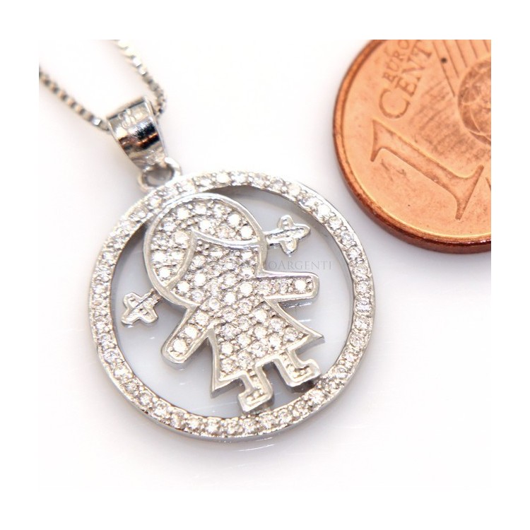 NSA|Argento 925 : Collana Collier donna veneziana 44 cm e pendente bimba a cerchio microsetting zirconi bianchi