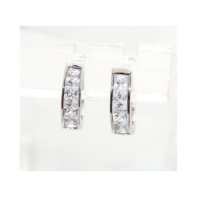 NSA|Orecchini donna a cerchio ovale 4 zirconi carre'  Lamin ORO BIANCO 18k Gold PLATED