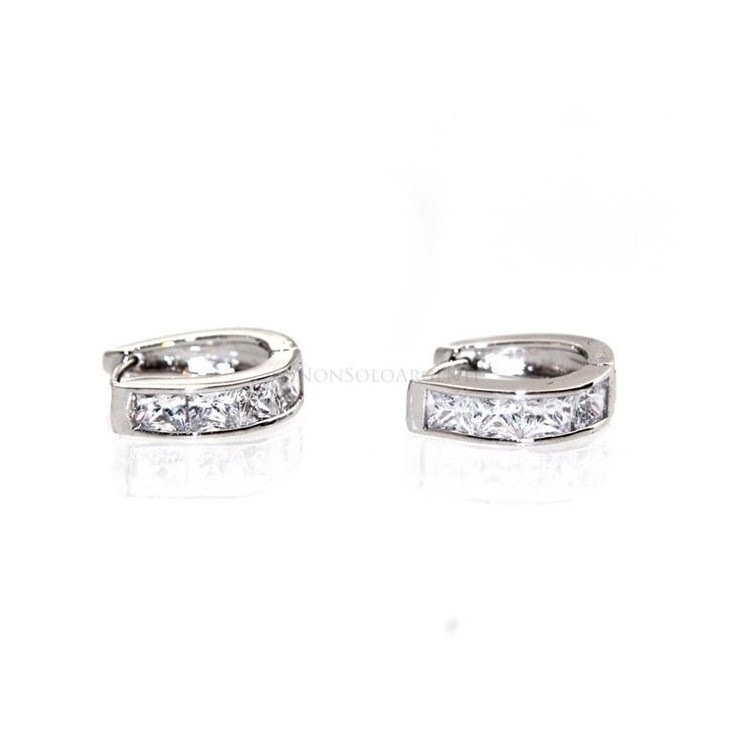 NSA|Orecchini donna a cerchio ovale 4 zirconi carre'  Lamin ORO BIANCO 18k Gold PLATED