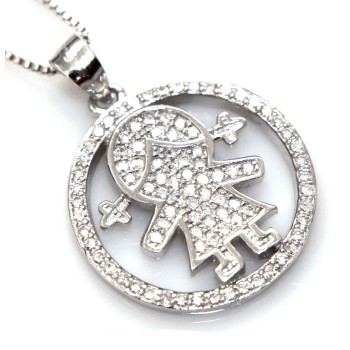 NSA|silver 925: 44 cm Necklace Collier Venetian woman and child pendant hoop microsetting white zirconia