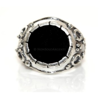 NSA|Grande Anello Argento 925 da uomo : Fascia massiccia lavorata anticata con onice tonda   misura 24