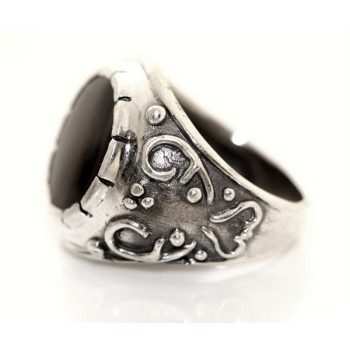 NSA|Grande Anello Argento 925 da uomo : Fascia massiccia lavorata anticata con onice tonda   misura 24