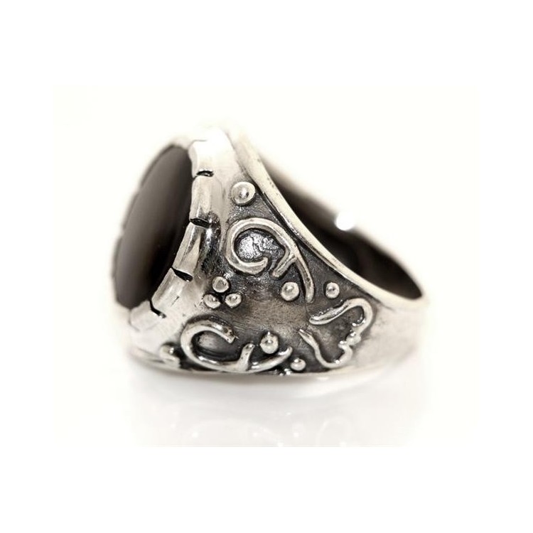 NSA|Grande Anello Argento 925 da uomo : Fascia massiccia lavorata anticata con onice tonda   misura 24