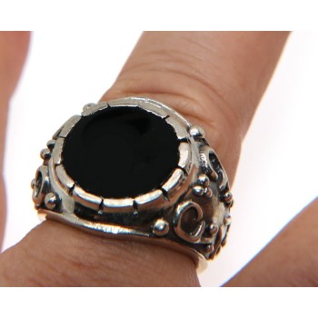 NSA|Grande Anello Argento 925 da uomo : Fascia massiccia lavorata anticata con onice tonda   misura 24