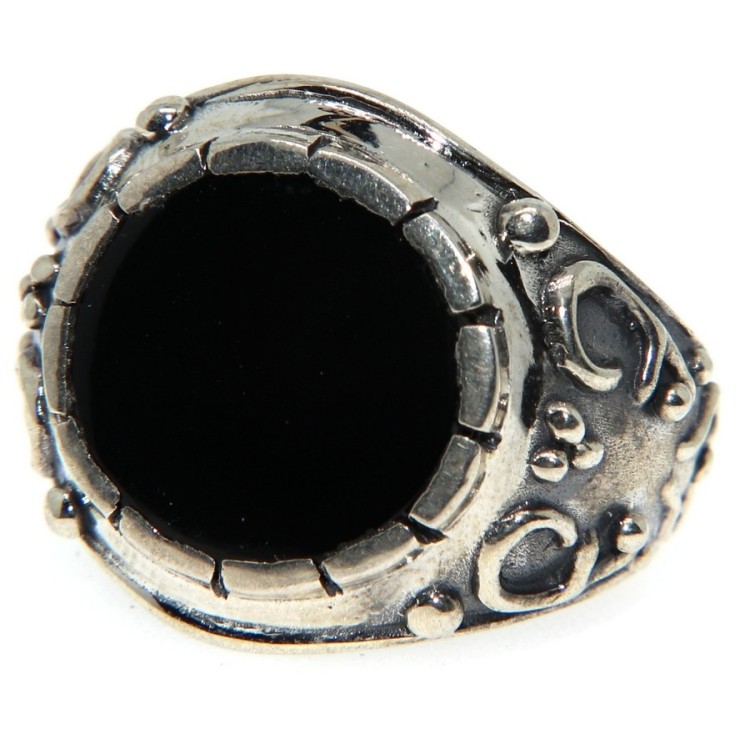 NSA|Anello Argento 925 onice tondo e fascia massiccia lavorata uomo misura 24