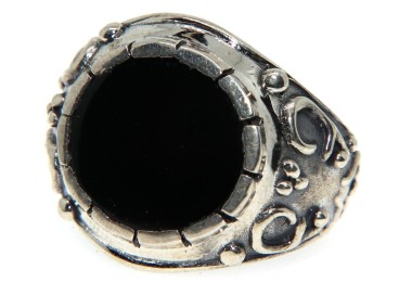 NSA|Grande Anello Argento 925 da uomo : Fascia massiccia lavorata anticata con onice tonda   misura 24