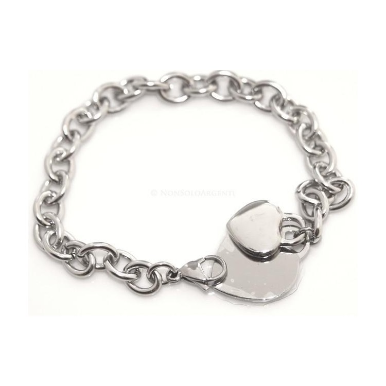 NSA|Acciaio inossidabile  : Bracciale donna rolo' con doppio ciondolo cuore liscio