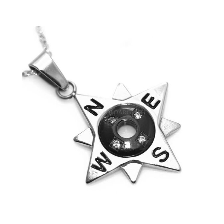 NSA|Acciaio  : Esclusiva collana rolo' ciondolo rosa dei venti ancora cerchio zirconi bianchi